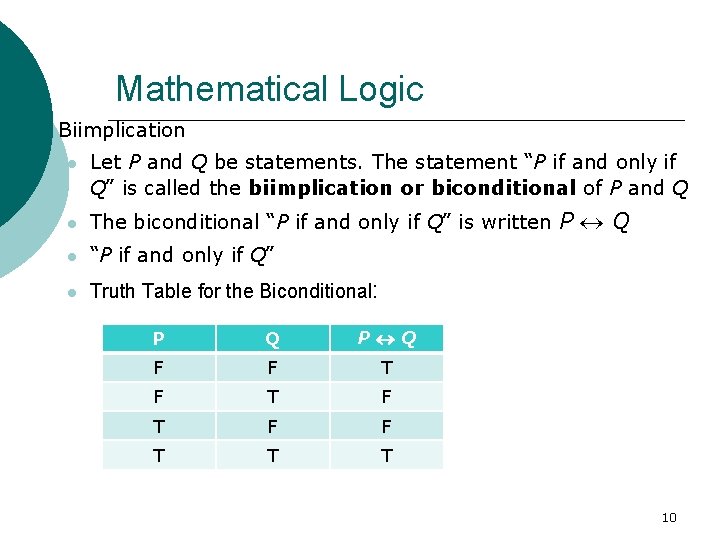 Mathematical Logic Biimplication Let P and Q be statements. The statement “P if and
