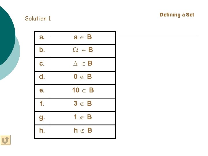 Defining a Set Solution 1 a. a B b. B c. B d. 0