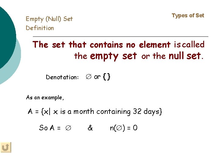 Types of Set Empty (Null) Set Definition The set that contains no element is