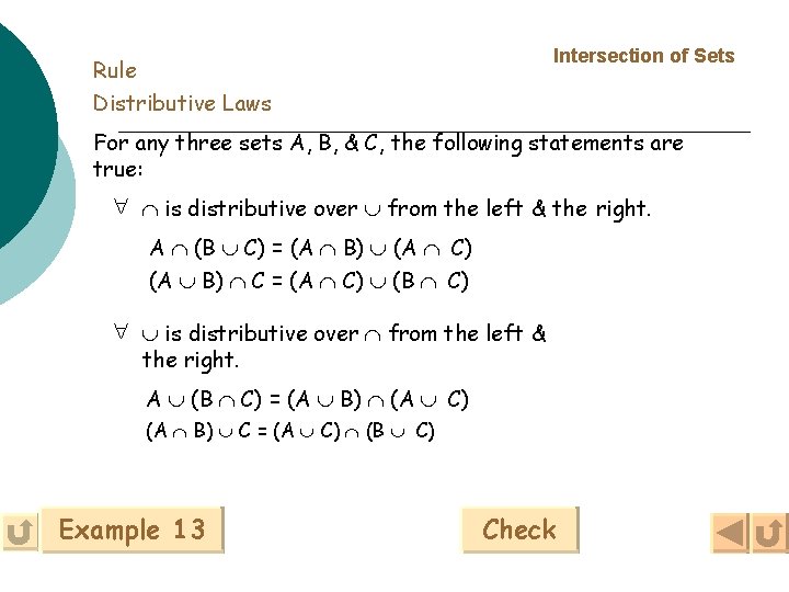 Intersection of Sets Rule Distributive Laws For any three sets A, B, & C,