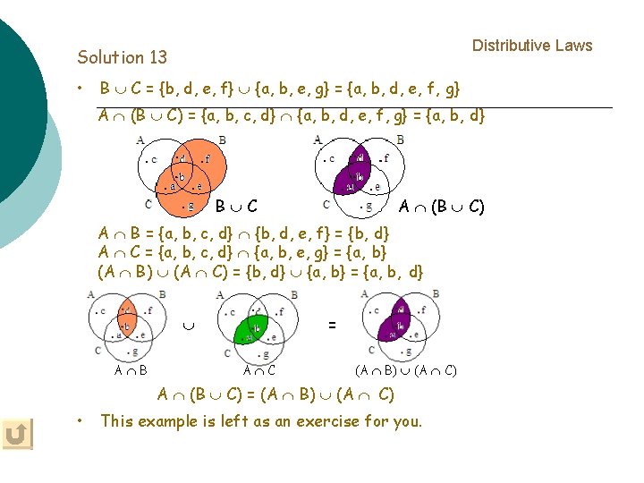 Distributive Laws Solution 13 • B C = {b, d, e, f} {a, b,