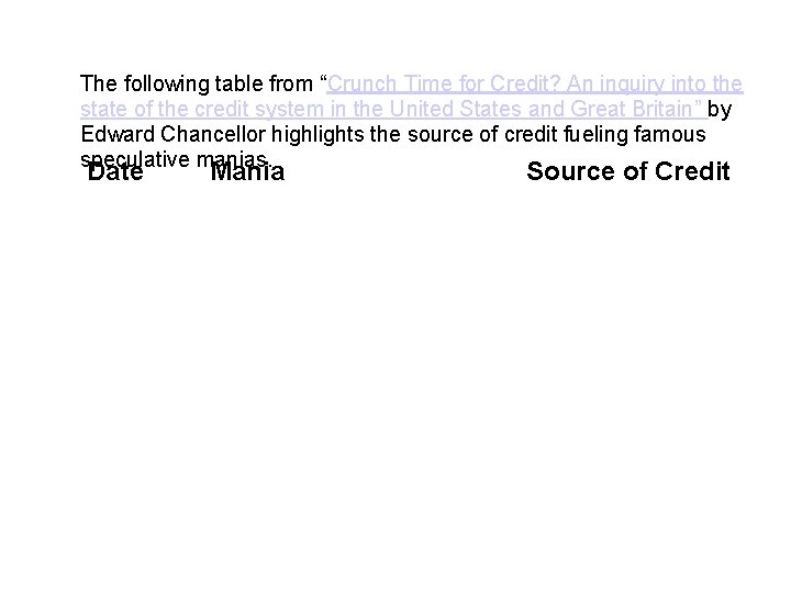 The following table from “Crunch Time for Credit? An inquiry into the state of