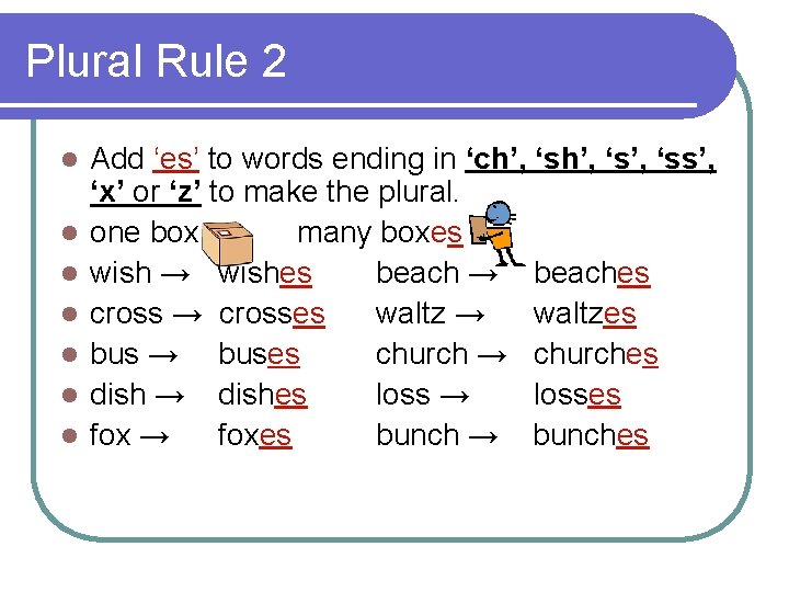 Plural Rule 2 l l l l Add ‘es’ to words ending in ‘ch’,