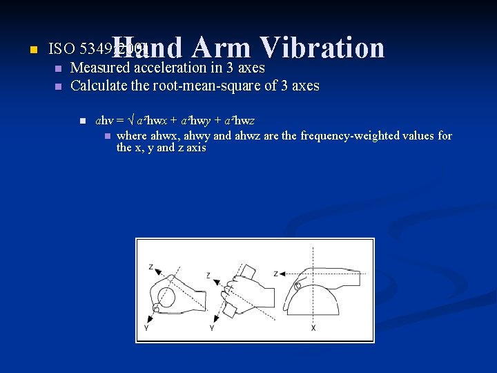 n n Hand Arm Vibration Measured acceleration in 3 axes n Calculate the root-mean-square
