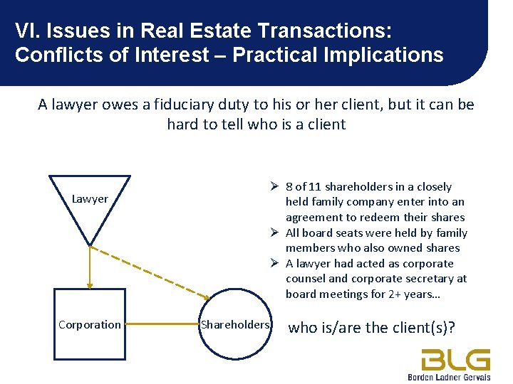 VI. Issues in Real Estate Transactions: Conflicts of Interest – Practical Implications A lawyer