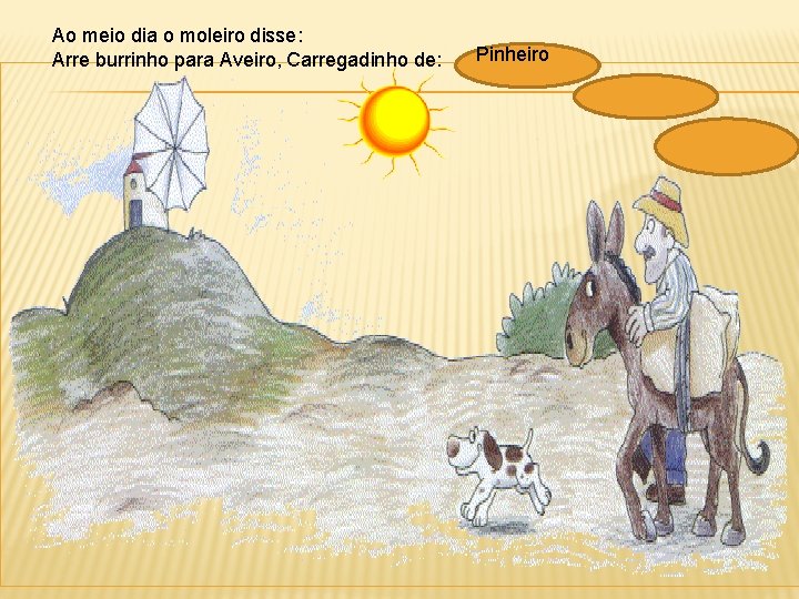 Ao meio dia o moleiro disse: Arre burrinho para Aveiro, Carregadinho de: Pinheiro 