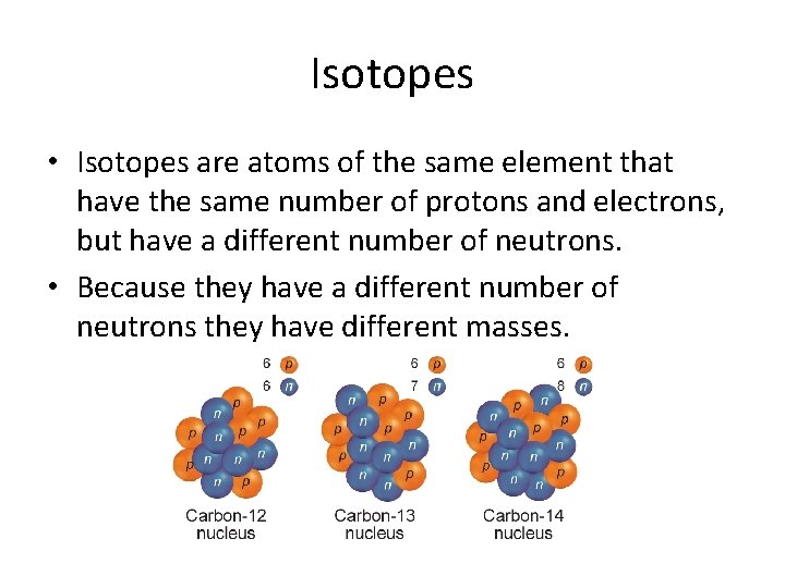 Isotopes • Isotopes are atoms of the same element that have the same number
