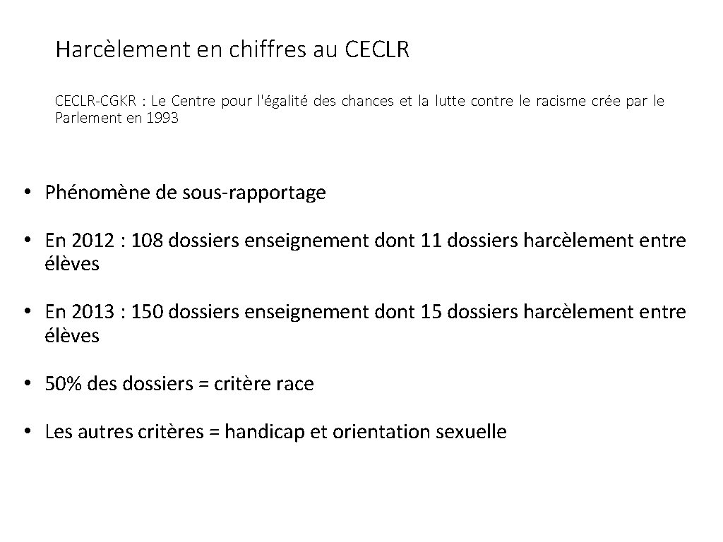 Harcèlement en chiffres au CECLR-CGKR : Le Centre pour l'égalité des chances et la