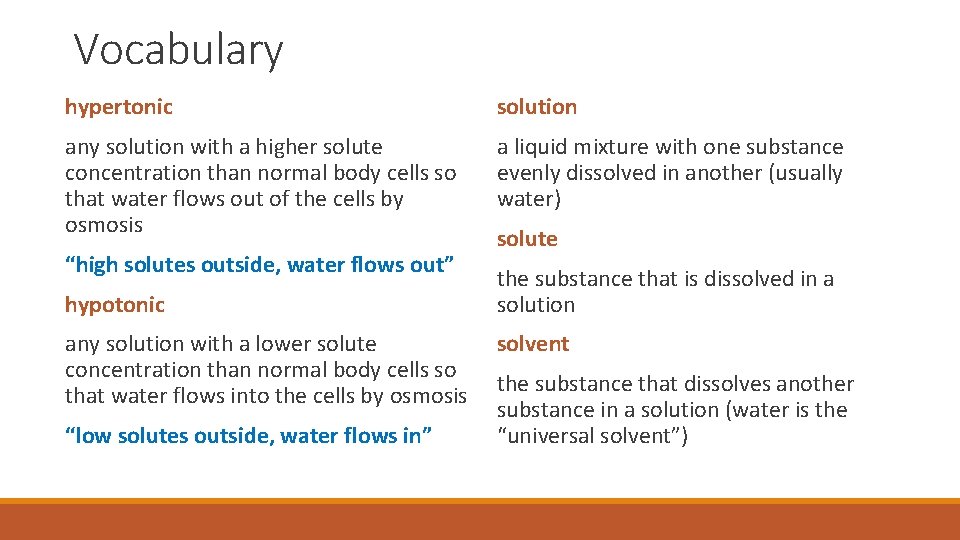 Vocabulary hypertonic solution any solution with a higher solute concentration than normal body cells