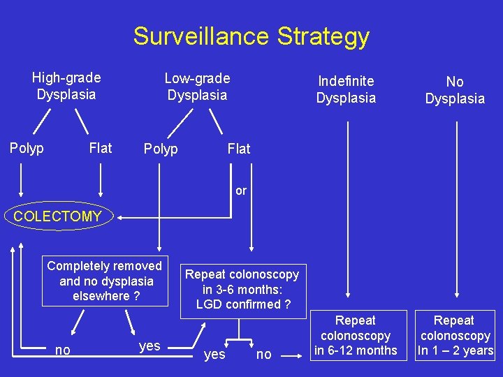 Surveillance Strategy High-grade Dysplasia Polyp Flat Low-grade Dysplasia Polyp Indefinite Dysplasia No Dysplasia Flat