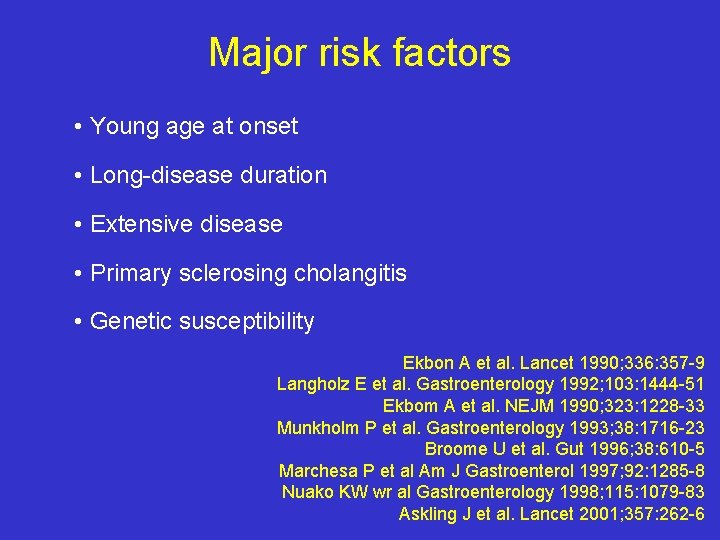 Major risk factors • Young age at onset • Long-disease duration • Extensive disease