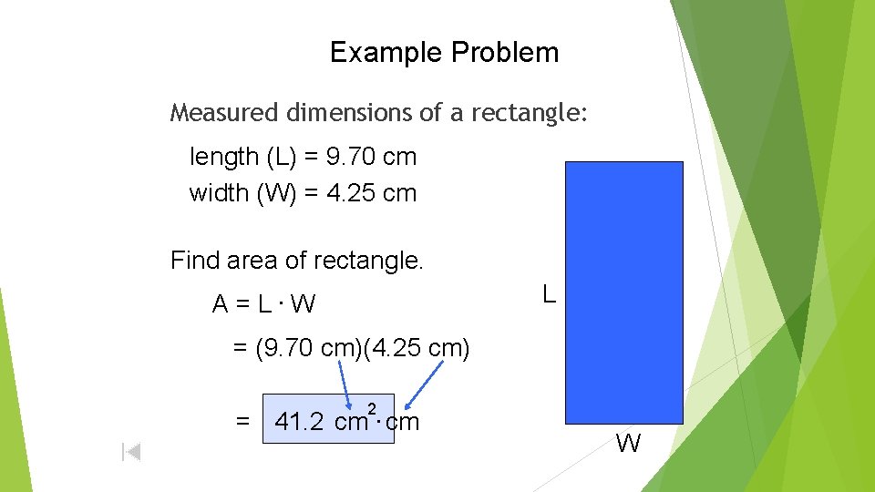 Example Problem Measured dimensions of a rectangle: length (L) = 9. 70 cm width