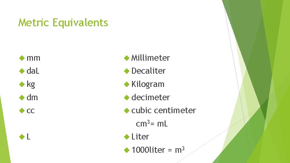 Metric Equivalents mm Millimeter da. L Decaliter kg Kilogram decimeter cc cubic centimeter cm