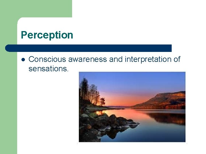 Perception l Conscious awareness and interpretation of sensations. Perception l Conscious awareness and interpretation of sensations.