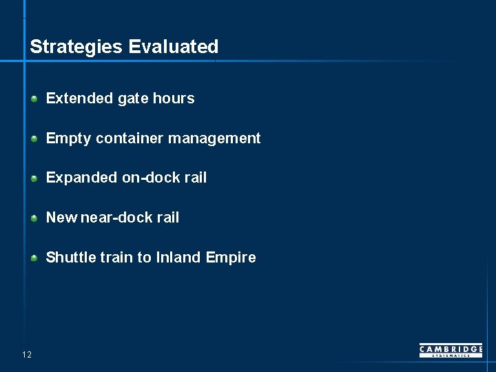 Strategies Evaluated Extended gate hours Empty container management Expanded on-dock rail New near-dock rail