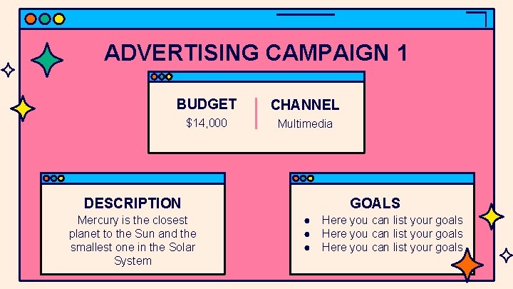 ADVERTISING CAMPAIGN 1 BUDGET CHANNEL $14, 000 Multimedia DESCRIPTION Mercury is the closest planet