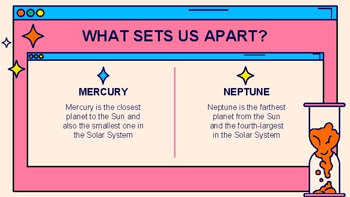 WHAT SETS US APART? MERCURY NEPTUNE Mercury is the closest planet to the Sun