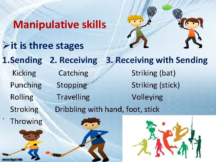 Manipulative skills Øit is three stages 1. Sending 2. Receiving 3. Receiving with Sending