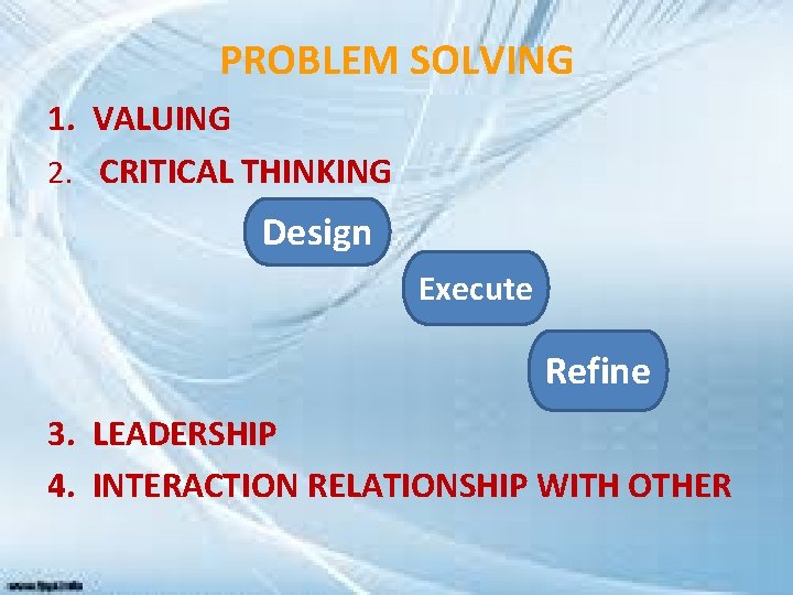 PROBLEM SOLVING 1. VALUING 2. CRITICAL THINKING Design Execute Refine 3. LEADERSHIP 4. INTERACTION