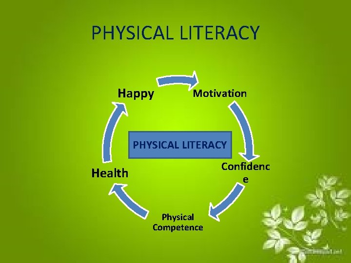 PHYSICAL LITERACY Happy Motivation PHYSICAL LITERACY Confidenc e Health Physical Competence 