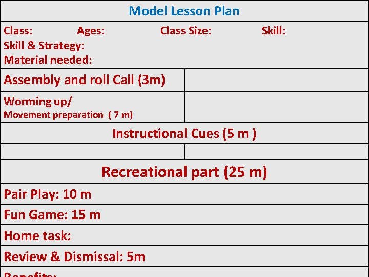 Model Lesson Plan Class: Ages: Skill & Strategy: Material needed: Class Size: Skill: Assembly