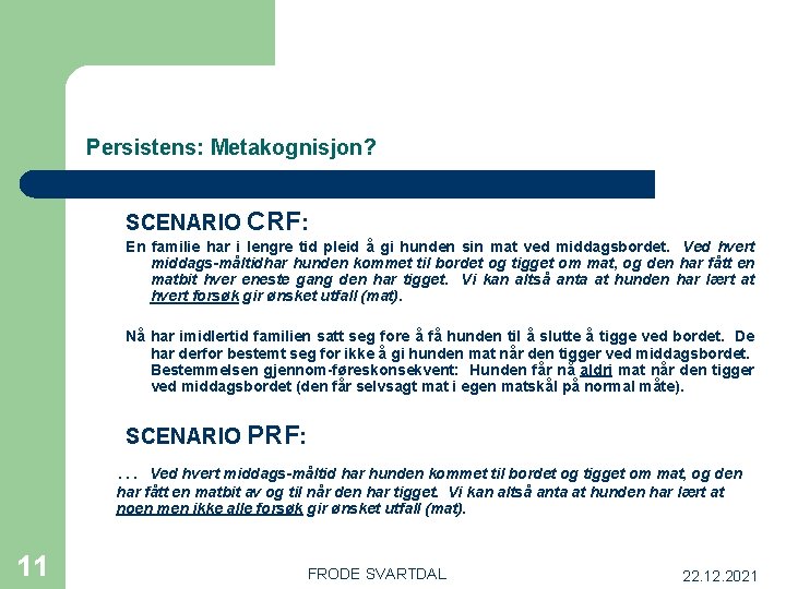 Persistens: Metakognisjon? SCENARIO CRF: En familie har i lengre tid pleid å gi hunden