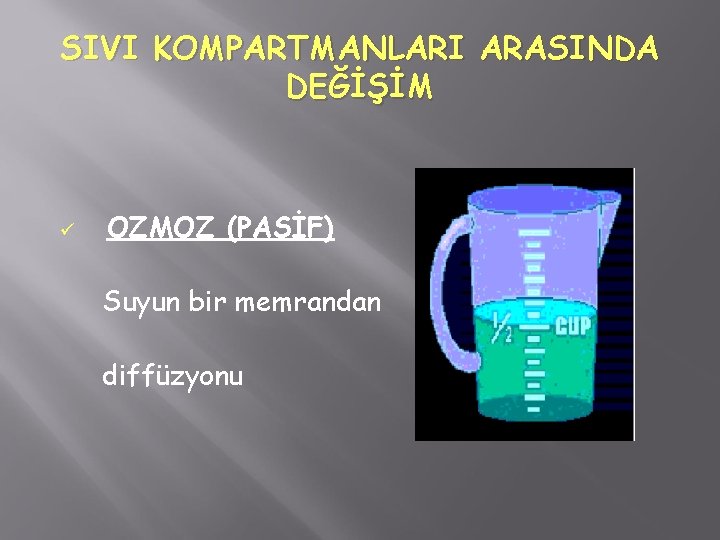 SIVI KOMPARTMANLARI ARASINDA DEĞİŞİM ü OZMOZ (PASİF) Suyun bir memrandan diffüzyonu 