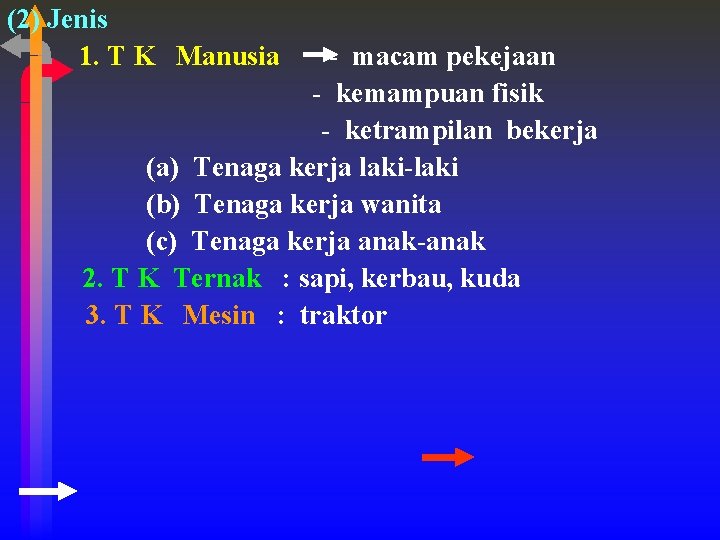 (2) Jenis 1. T K Manusia - macam pekejaan - kemampuan fisik - ketrampilan