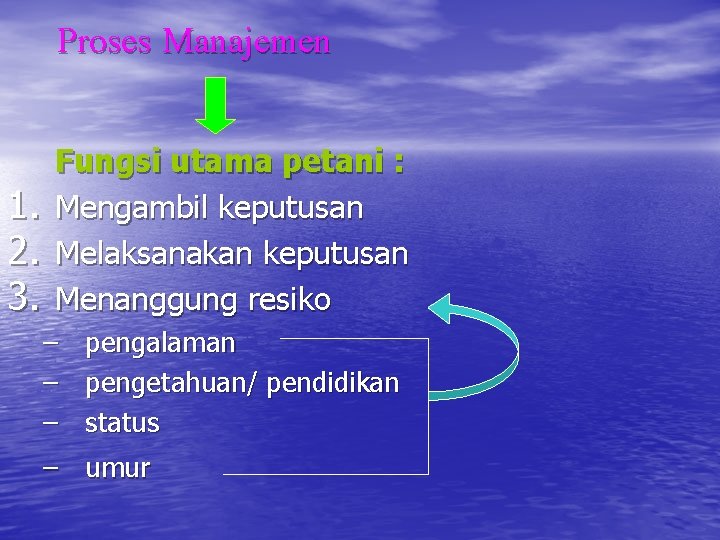 Proses Manajemen 1. 2. 3. Fungsi utama petani : Mengambil keputusan Melaksanakan keputusan Menanggung