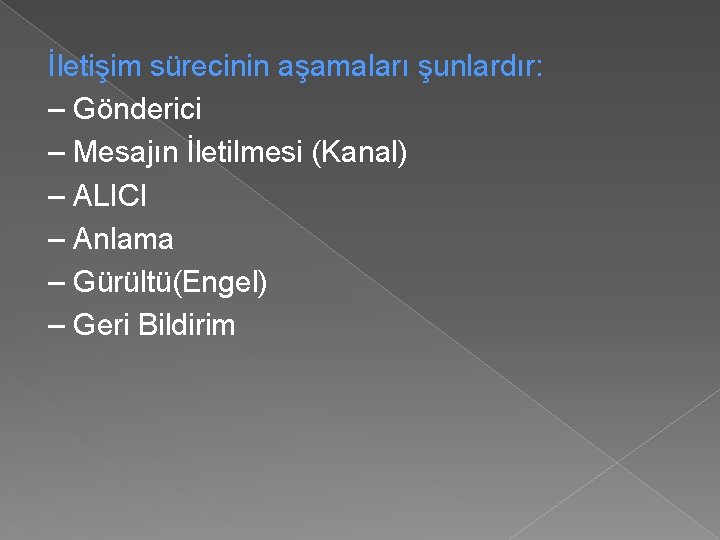 İletişim sürecinin aşamaları şunlardır: – Gönderici – Mesajın İletilmesi (Kanal) – ALICI – Anlama