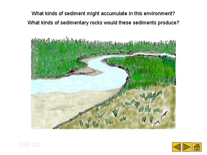 What kinds of sediment might accumulate in this environment? What kinds of sedimentary rocks