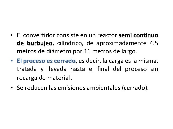  • El convertidor consiste en un reactor semi continuo de burbujeo, cilíndrico, de