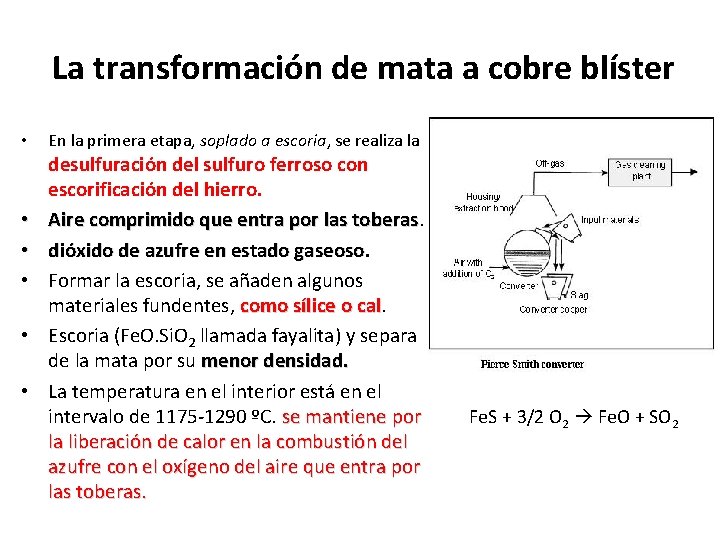 La transformación de mata a cobre blíster • • • En la primera etapa,