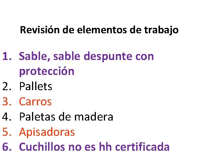 Revisión de elementos de trabajo 1. Sable, sable despunte con protección 2. Pallets 3.