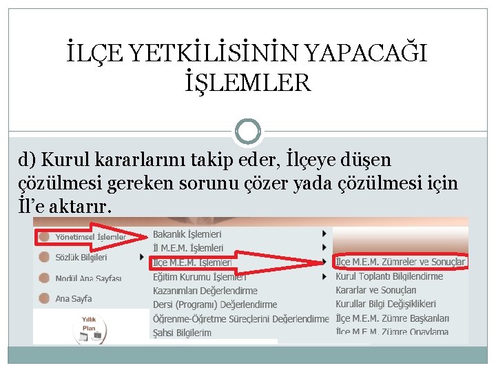 İLÇE YETKİLİSİNİN YAPACAĞI İŞLEMLER d) Kurul kararlarını takip eder, İlçeye düşen çözülmesi gereken sorunu