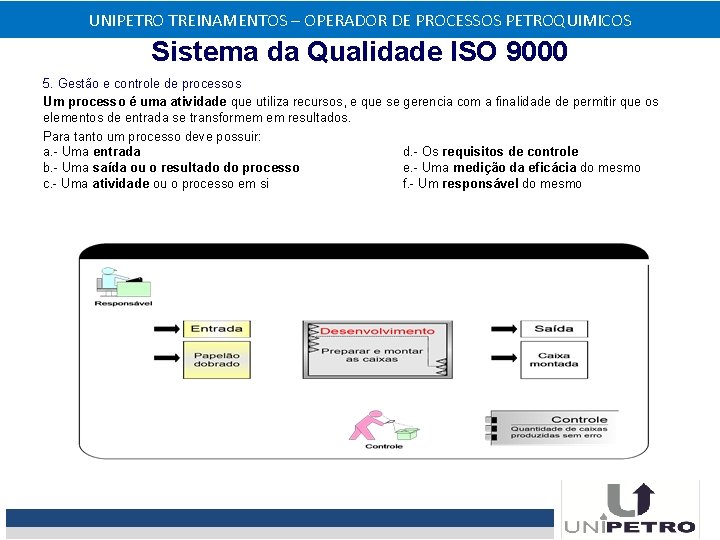 UNIPETRO TREINAMENTOS – OPERADOR DE PROCESSOS PETROQUIMICOS Sistema da Qualidade ISO 9000 5. Gestão