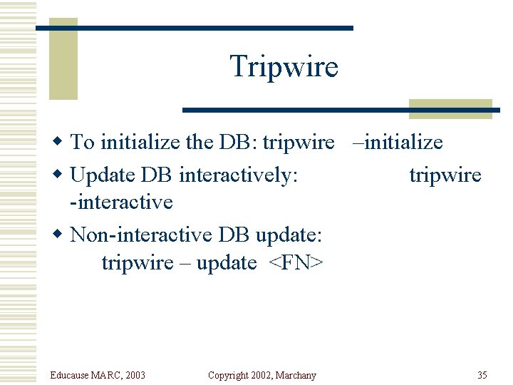 Tripwire w To initialize the DB: tripwire –initialize w Update DB interactively: tripwire -interactive