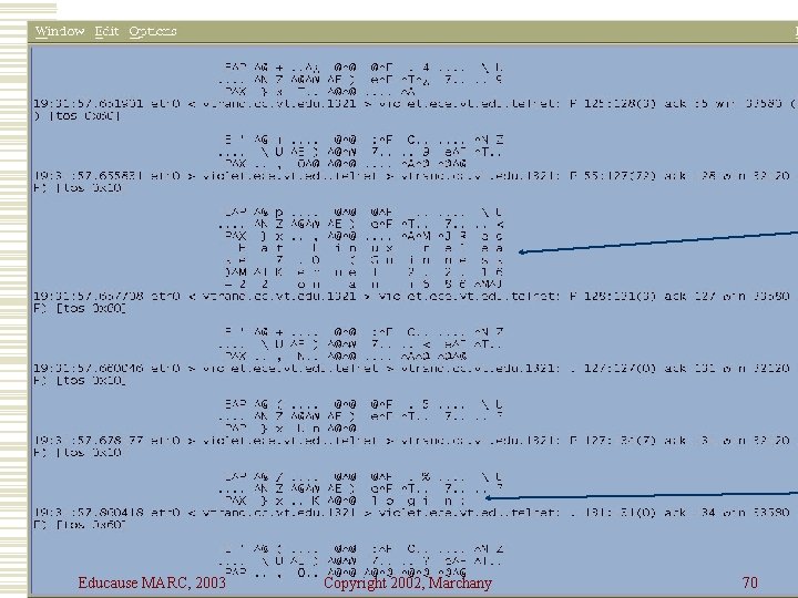 Tcpdump Example Educause MARC, 2003 Copyright 2002, Marchany 70 