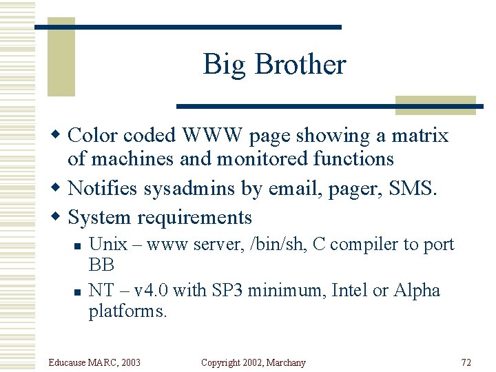 Big Brother w Color coded WWW page showing a matrix of machines and monitored