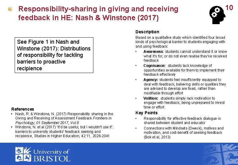 Responsibility-sharing in giving and receiving feedback in HE: Nash & Winstone (2017) 10 Description