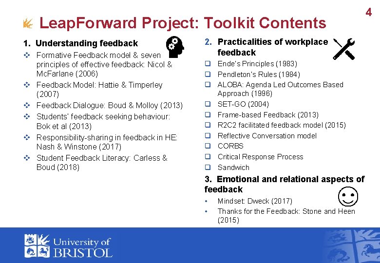 Leap. Forward Project: Toolkit Contents 1. Understanding feedback v Formative Feedback model & seven