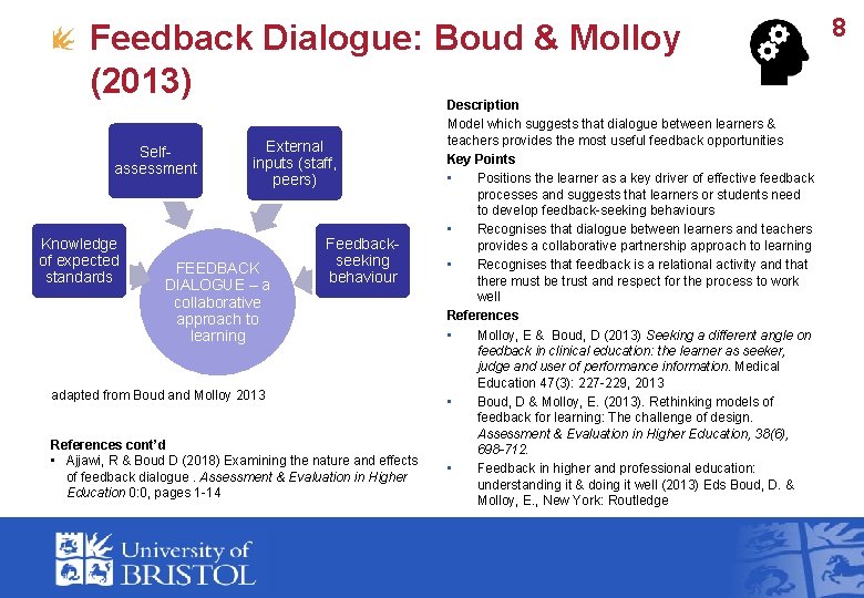 Feedback Dialogue: Boud & Molloy (2013) Selfassessment Knowledge of expected standards External inputs (staff,