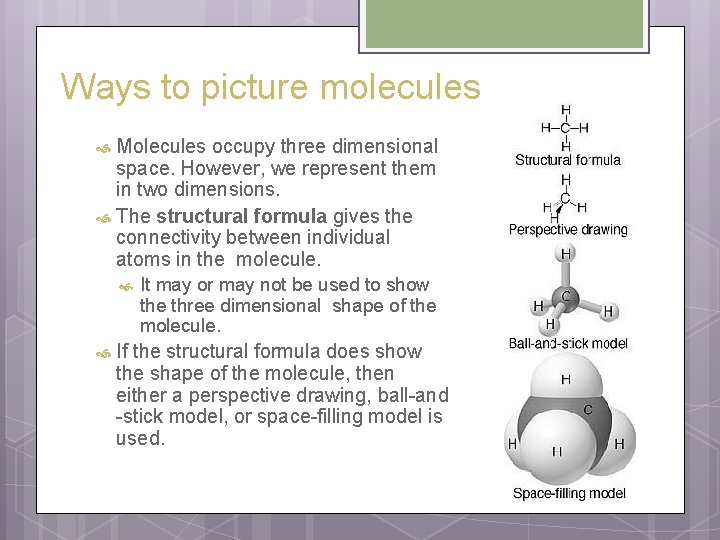 Ways to picture molecules Molecules occupy three dimensional space. However, we represent them in