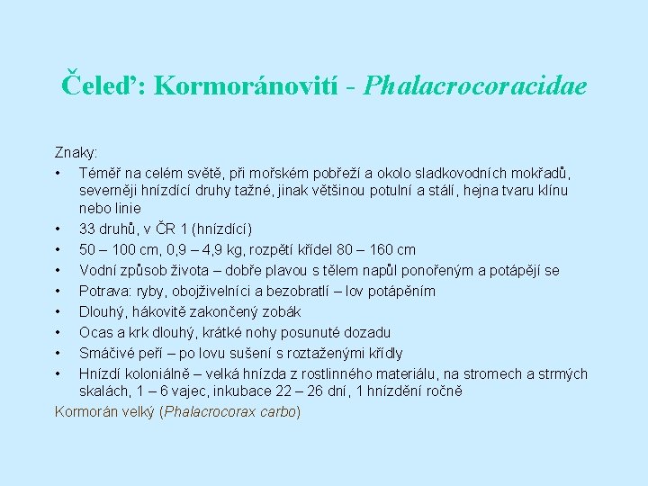 Čeleď: Kormoránovití - Phalacrocoracidae Znaky: • Téměř na celém světě, při mořském pobřeží a