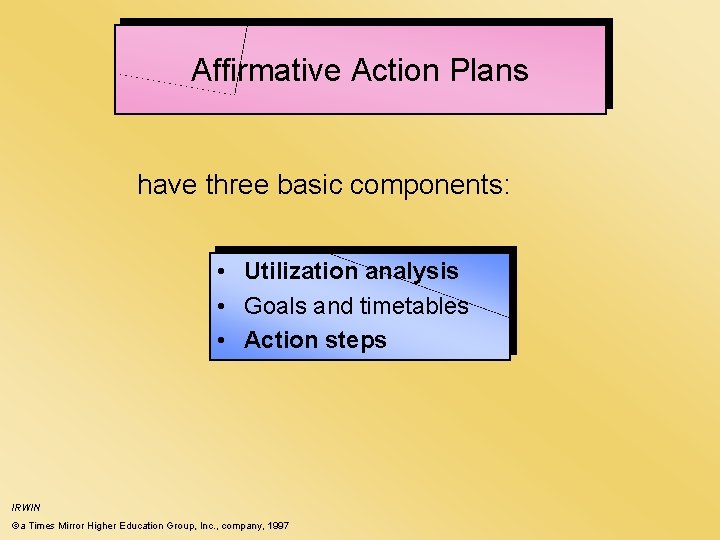 Affirmative Action Plans have three basic components: • Utilization analysis • Goals and timetables