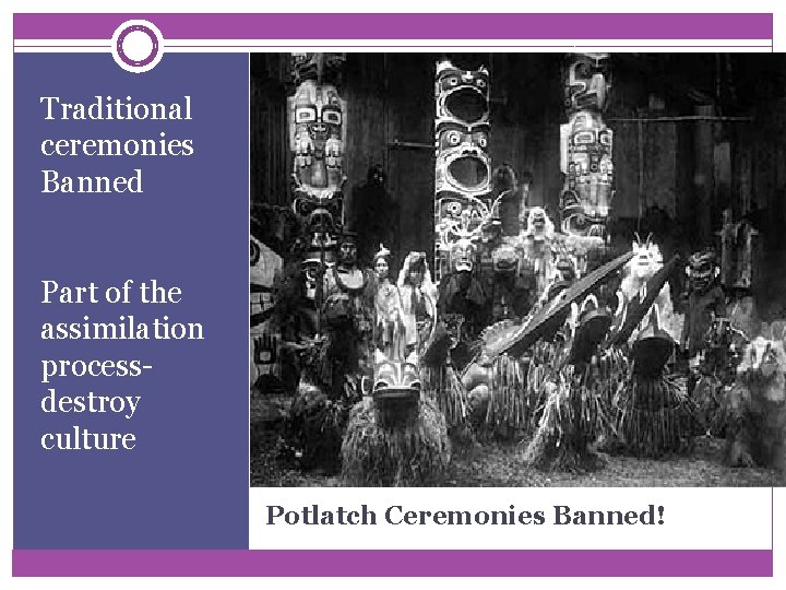 Traditional ceremonies Banned Part of the assimilation processdestroy culture Potlatch Ceremonies Banned! Traditional ceremonies Banned Part of the assimilation processdestroy culture Potlatch Ceremonies Banned!