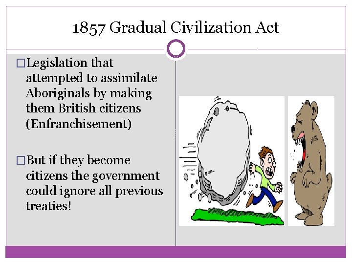 1857 Gradual Civilization Act �Legislation that attempted to assimilate Aboriginals by making them British 1857 Gradual Civilization Act �Legislation that attempted to assimilate Aboriginals by making them British