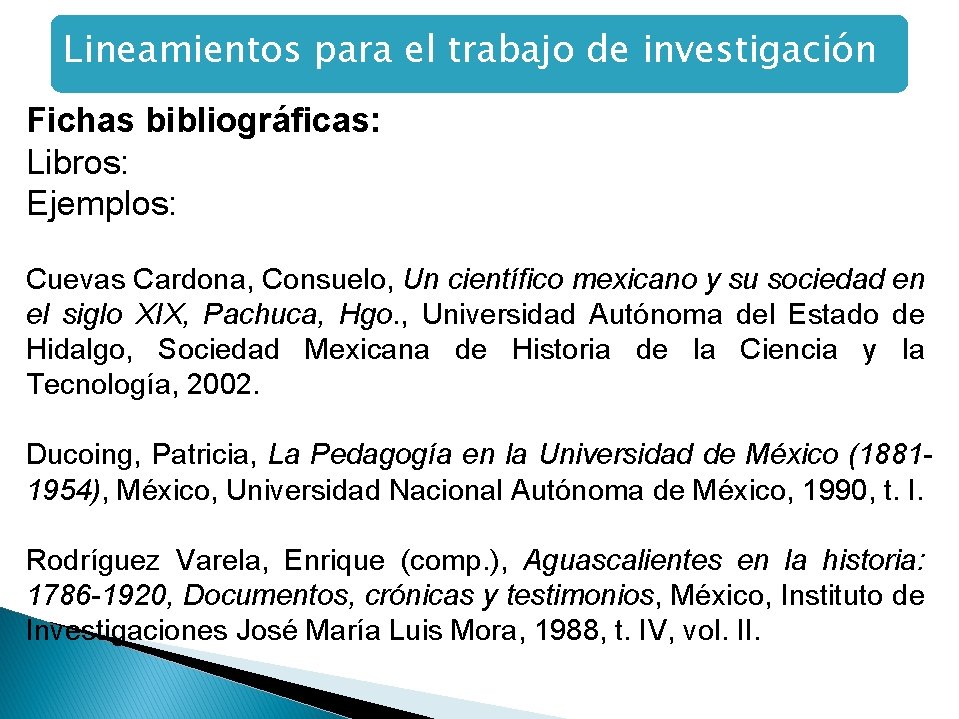 Lineamientos para el trabajo de investigación Fichas bibliográficas: Libros: Ejemplos: Cuevas Cardona, Consuelo, Un