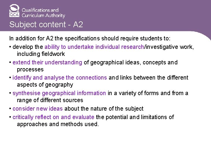 Subject content - A 2 In addition for A 2 the specifications should require