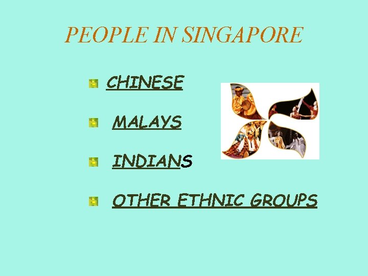 PEOPLE IN SINGAPORE CHINESE MALAYS INDIANS OTHER ETHNIC GROUPS 